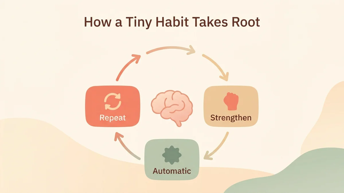 Infographic of the neurological mechanism of micro-habits: the cycle of repetition, strengthening and automation in the brain, with the brain areas involved