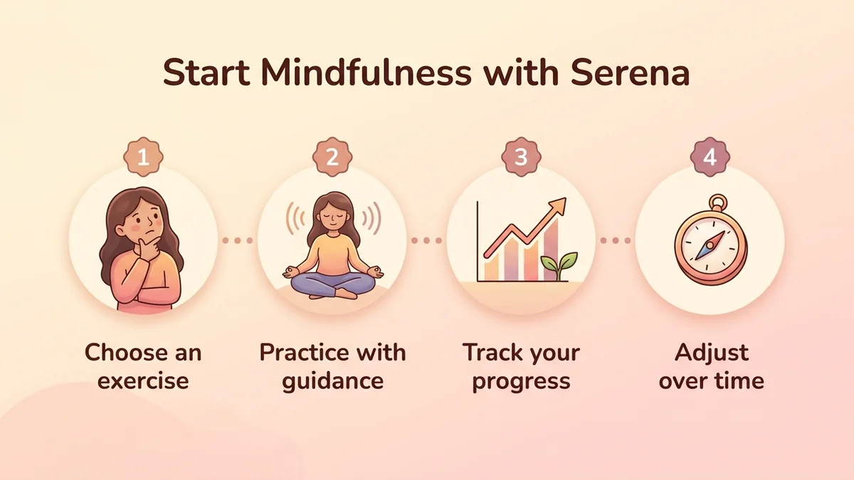Infographic of the step-by-step process for starting mindfulness meditation with Serena: choosing an exercise, guided practice, tracking progress and personalized adjustments