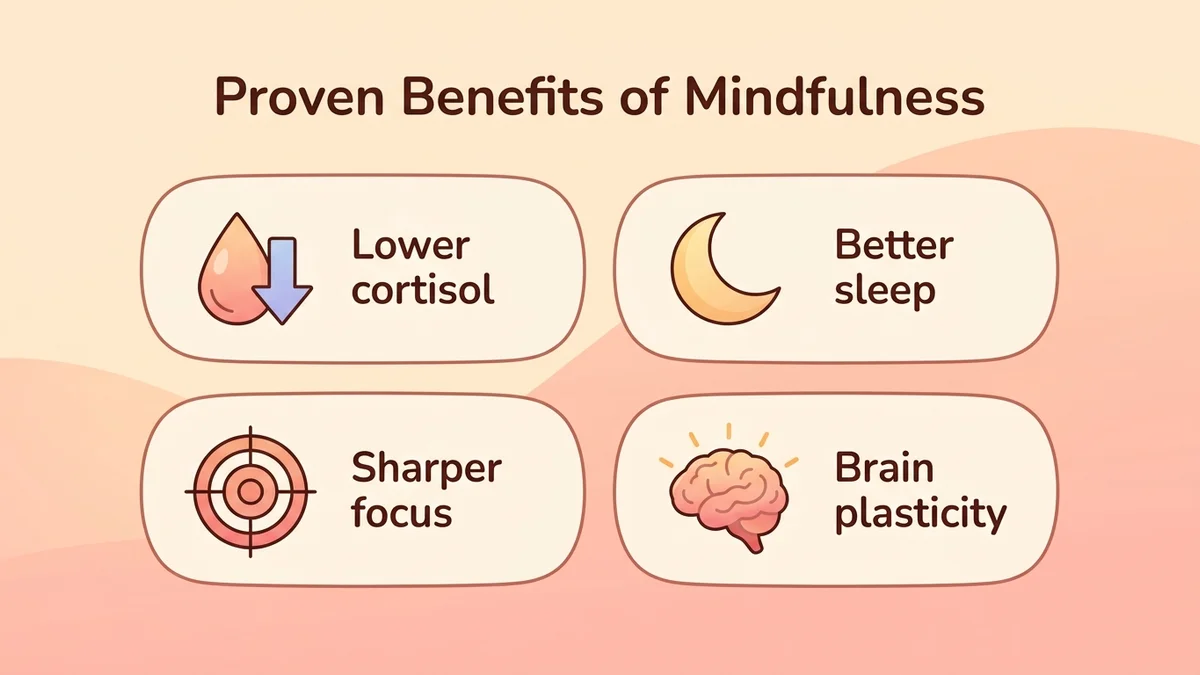 Infographic of the scientifically proven benefits of mindfulness meditation: lower cortisol, better sleep, stronger attention and neuroplasticity, with percentages and icons by category