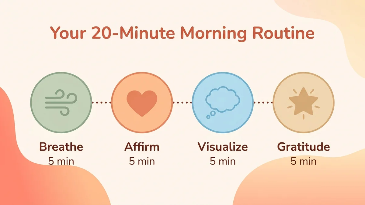 Process diagram of the 4-step morning routine: guided breathing, personalized affirmations, positive visualization, gratitude journal, with durations and benefits for each step