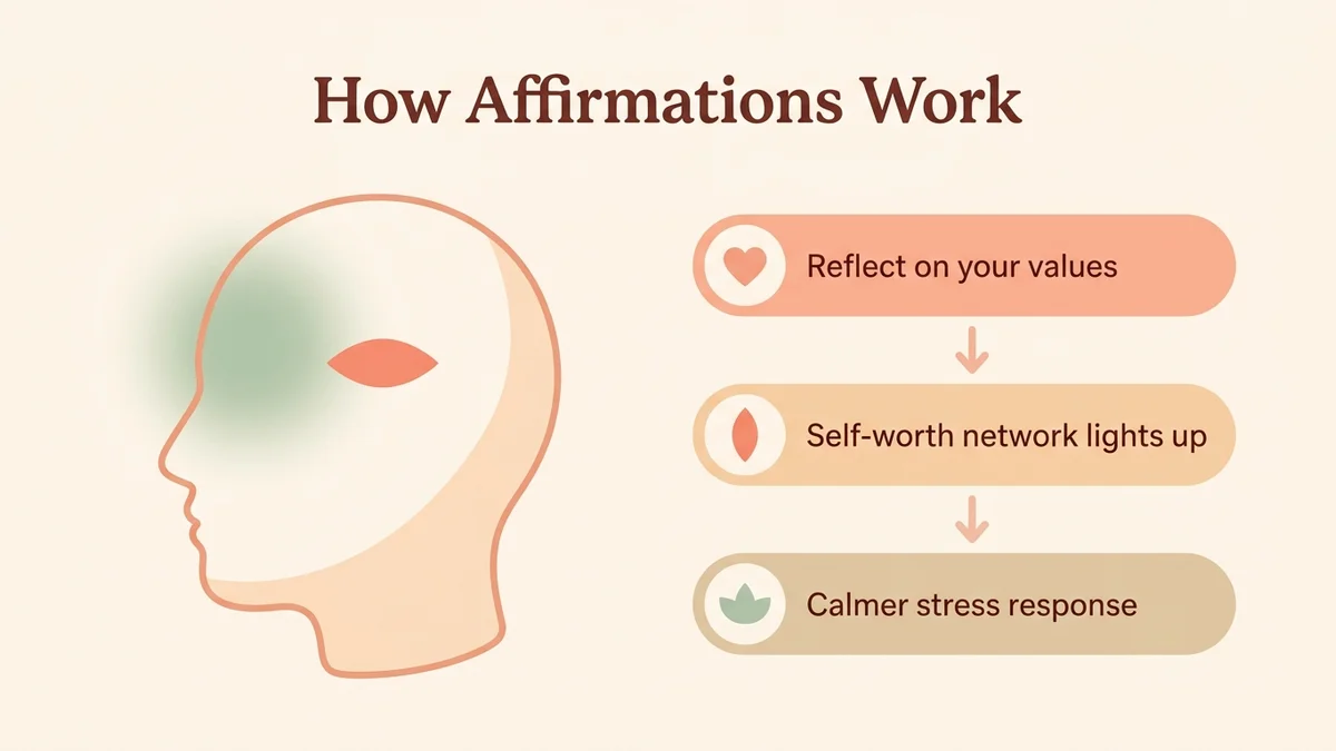 Infographic of the neurological mechanism of positive affirmations: brain diagram showing activation of the ventromedial prefrontal cortex and reduced amygdala activity during affirmations, with arrows and explanatory icons