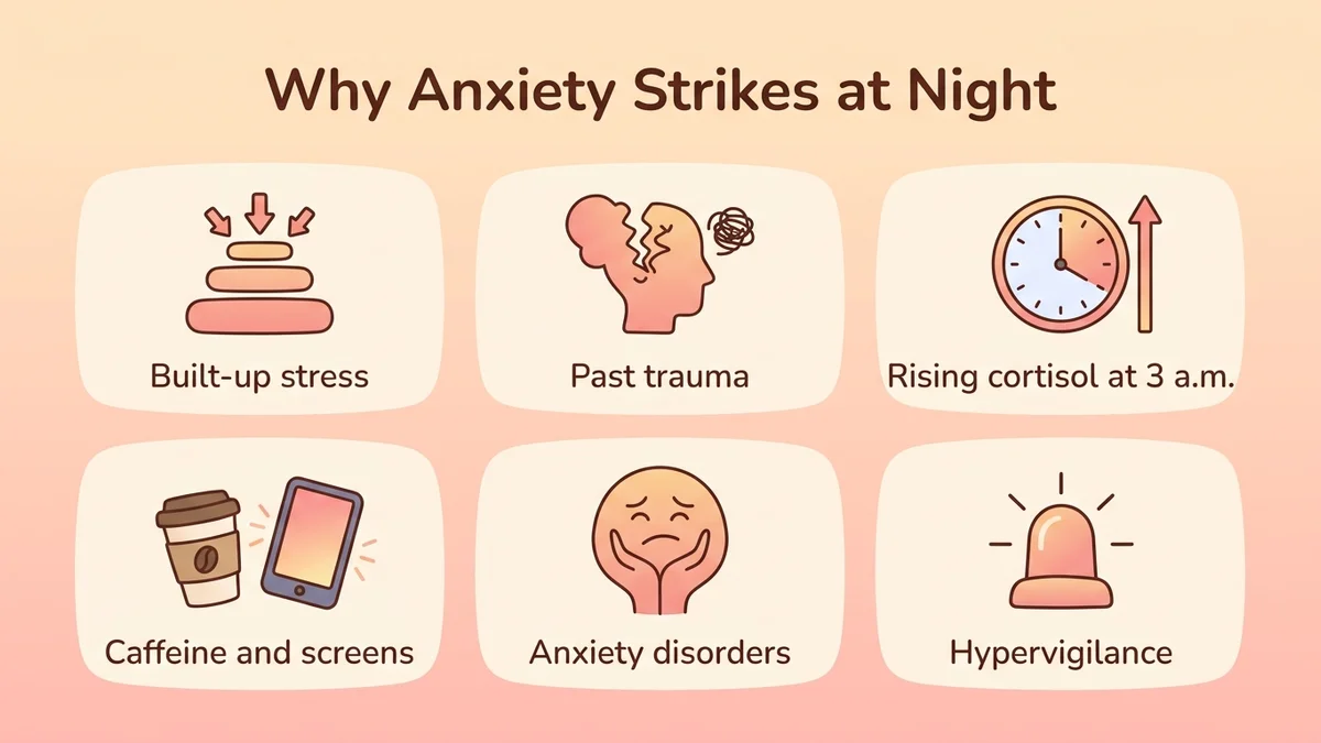 Infographic of the main causes of nighttime anxiety: six visual blocks showing chronic stress, trauma, cortisol imbalance, lifestyle habits, underlying anxiety disorders and hypervigilance
