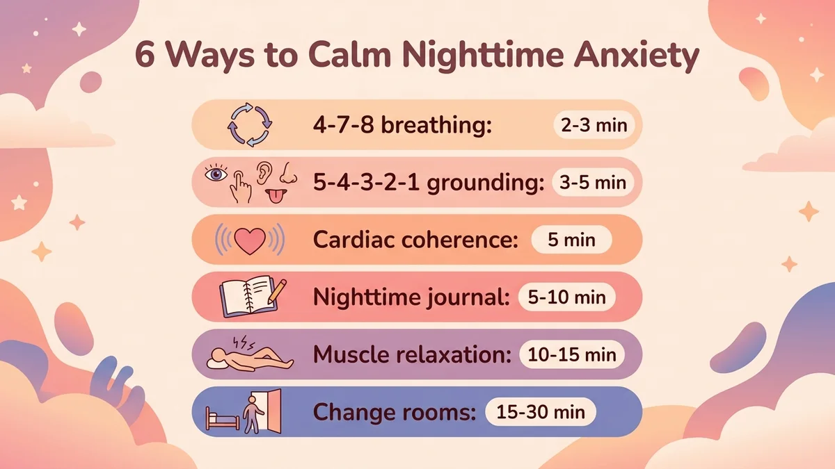 Infographic of the six techniques to calm nighttime anxiety, with how long each takes to work, visual icons and a ranking by speed of effect