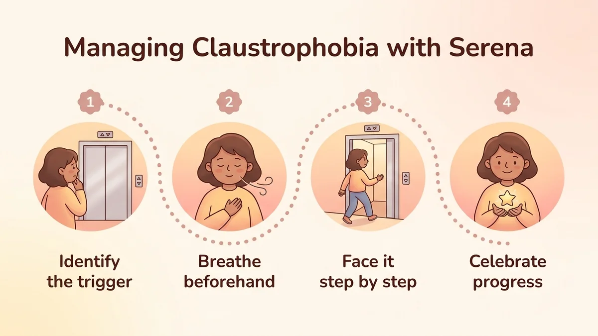 Diagram of the step-by-step process for managing claustrophobia day to day with Serena: identify the trigger, practice preventive breathing, face it gradually, celebrate progress