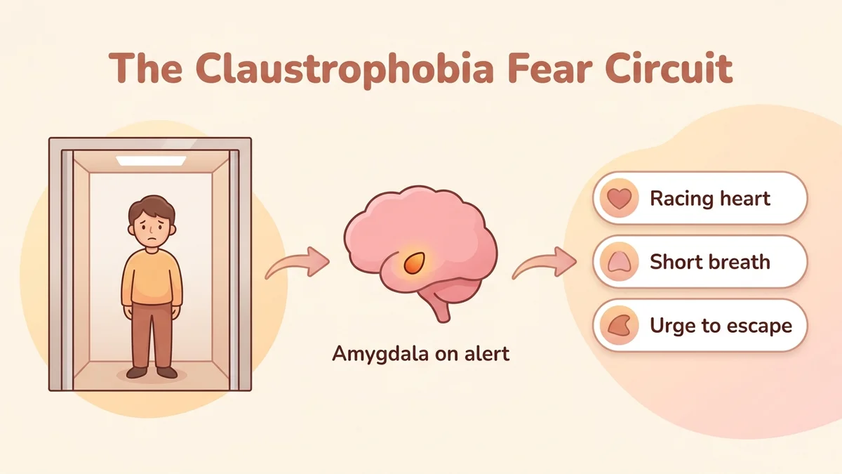 Infographic of the neurological mechanism of claustrophobia: a visual diagram showing the overactive amygdala, the fight-or-flight response and the fear circuit activated in a confined space