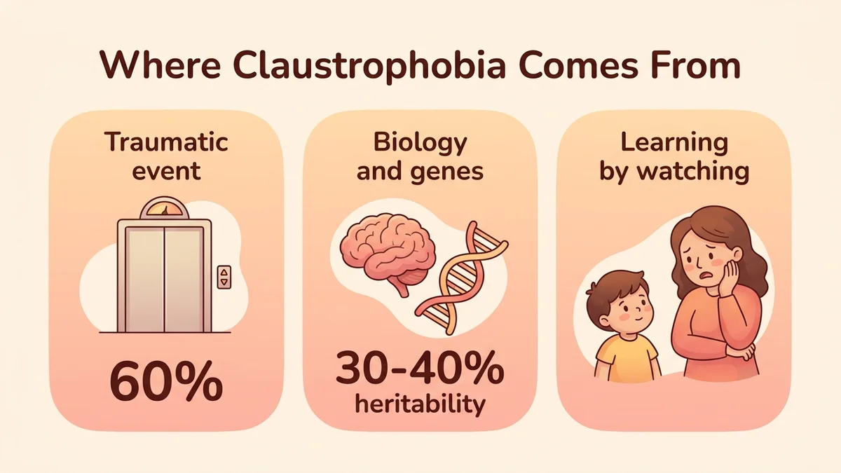 Infographic of the three main origins of claustrophobia: a founding traumatic event, neurobiological factors and social learning, with percentages and explanatory icons