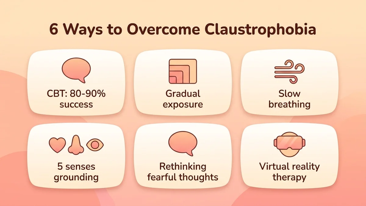 Infographic of the 6 techniques to overcome claustrophobia with effectiveness rates: CBT 80-90%, gradual exposure, breathing, 5 senses grounding, cognitive restructuring, virtual reality