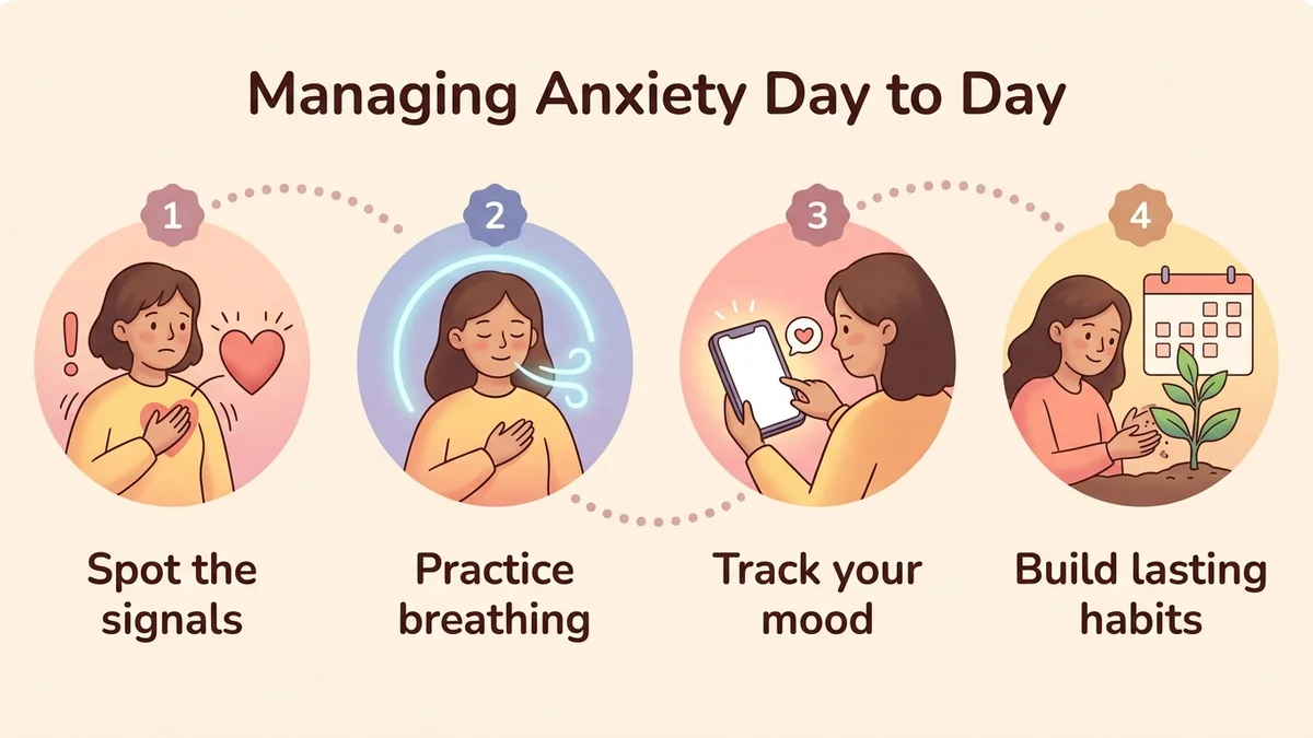 Diagram of the 4-step process for managing anxiety day to day: spot the signals, practice breathing, track your mood, build lasting habits