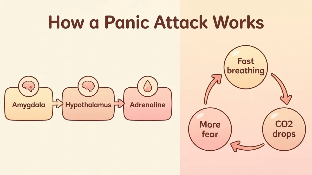 Infographic of how a panic attack works: the amygdala-hypothalamus-adrenaline circuit, the hyperventilation loop and the role of the autonomic nervous system