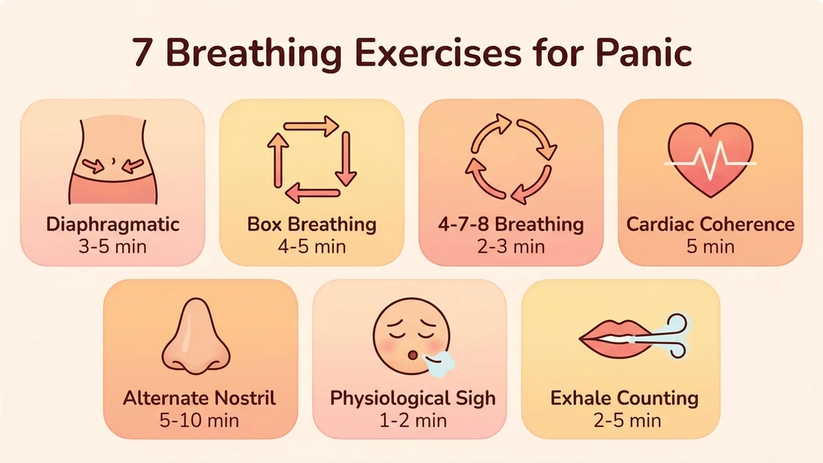 Infographic of the 7 breathing exercises for panic attacks with durations, difficulty levels and proven effectiveness for each technique