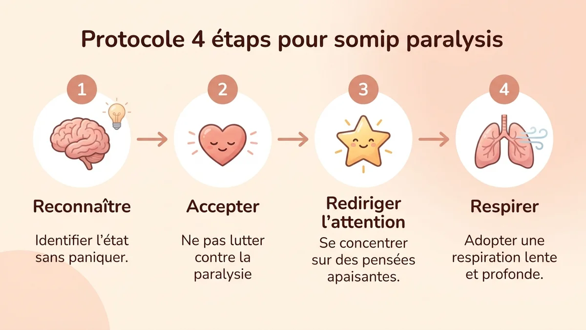 Infographie du processus en 4 étapes pour gérer une paralysie du sommeil : reconnaître, accepter, rediriger l'attention et contrôler la respiration, avec flèches et icônes pour chaque étape