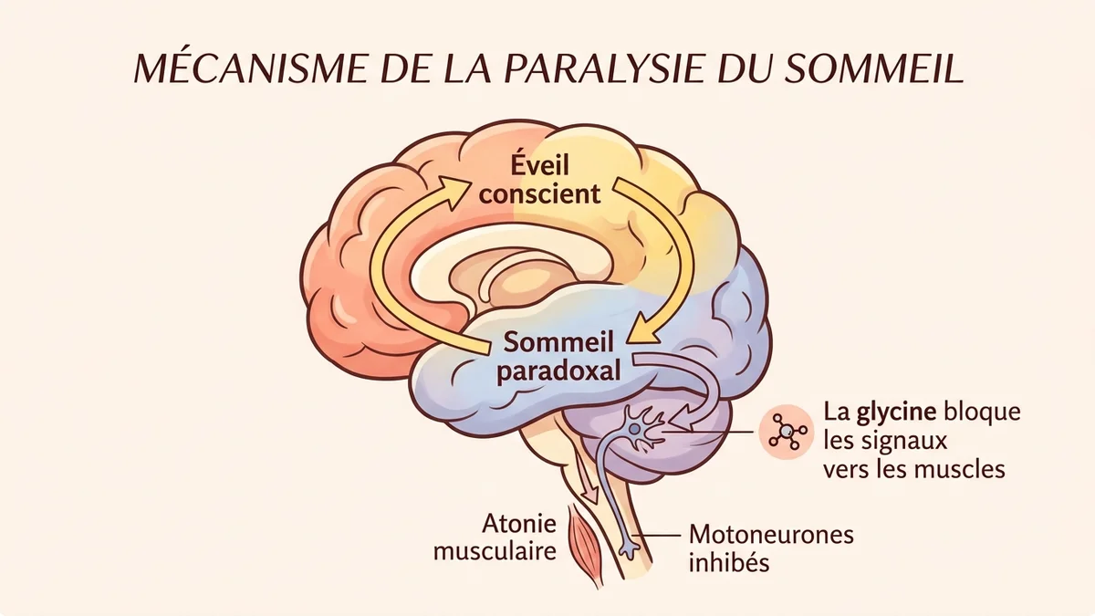 Infographie du mécanisme de la paralysie du sommeil : schéma visuel montrant la transition entre sommeil paradoxal et éveil, avec le rôle de la glycine dans l'atonie musculaire