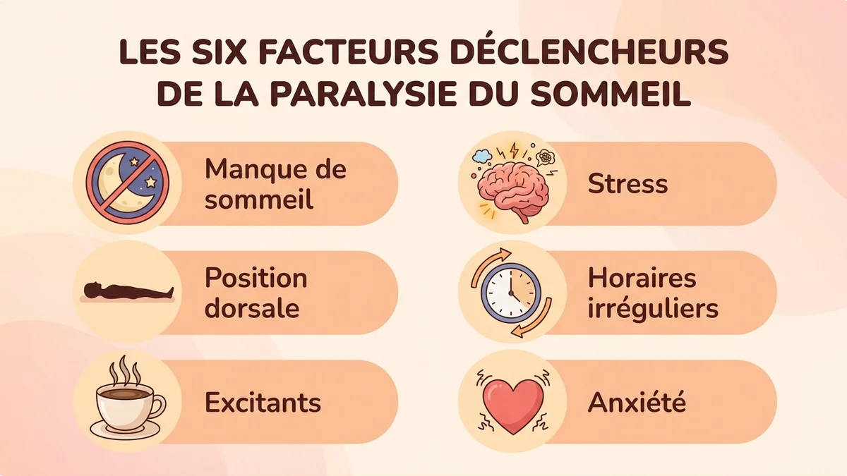 Infographie des facteurs déclencheurs de la paralysie du sommeil : six blocs visuels avec icônes représentant le manque de sommeil, le stress, la position dorsale, les horaires irréguliers, les excitants et l'anxiété