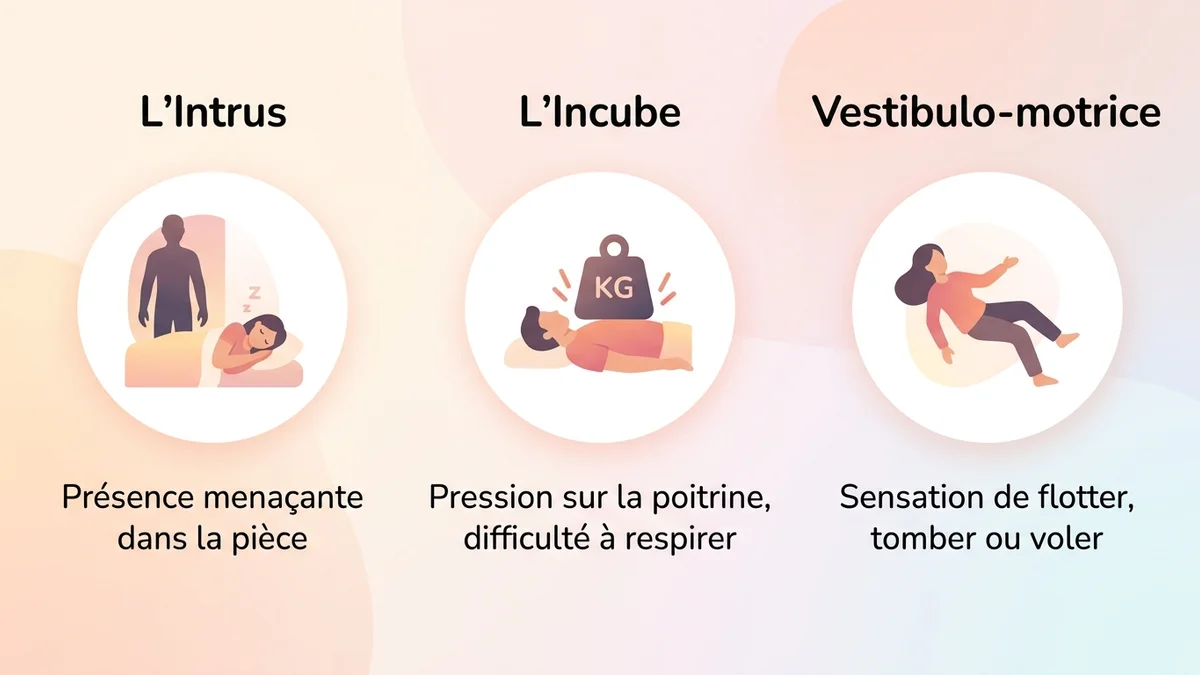 Infographie des trois types d'hallucinations de la paralysie du sommeil avec pourcentages de fréquence : intrus, incube et expériences vestibulo-motrices, chaque type avec icône distinctive et description