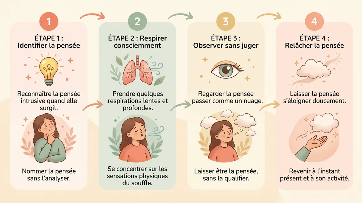 Schéma du processus en 4 étapes pour gérer les pensées intrusives au quotidien avec Serena : identifier, respirer, observer, relâcher
