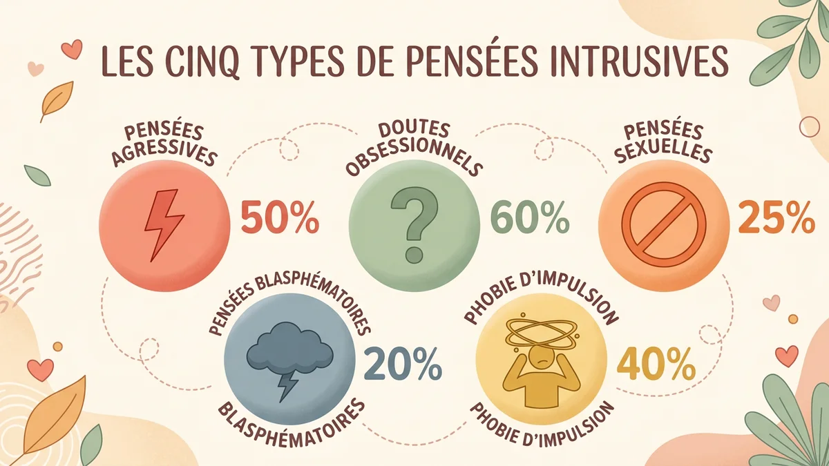 Infographie illustrant les différents types de pensées intrusives avec des icônes représentatives et les pourcentages de fréquence dans la population générale