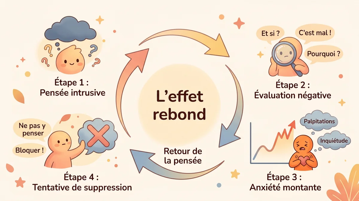 Infographie montrant le cycle des pensées intrusives : pensée intrusive → évaluation négative → anxiété → tentative de suppression → effet rebond, avec des icônes et flèches en couleurs pastels