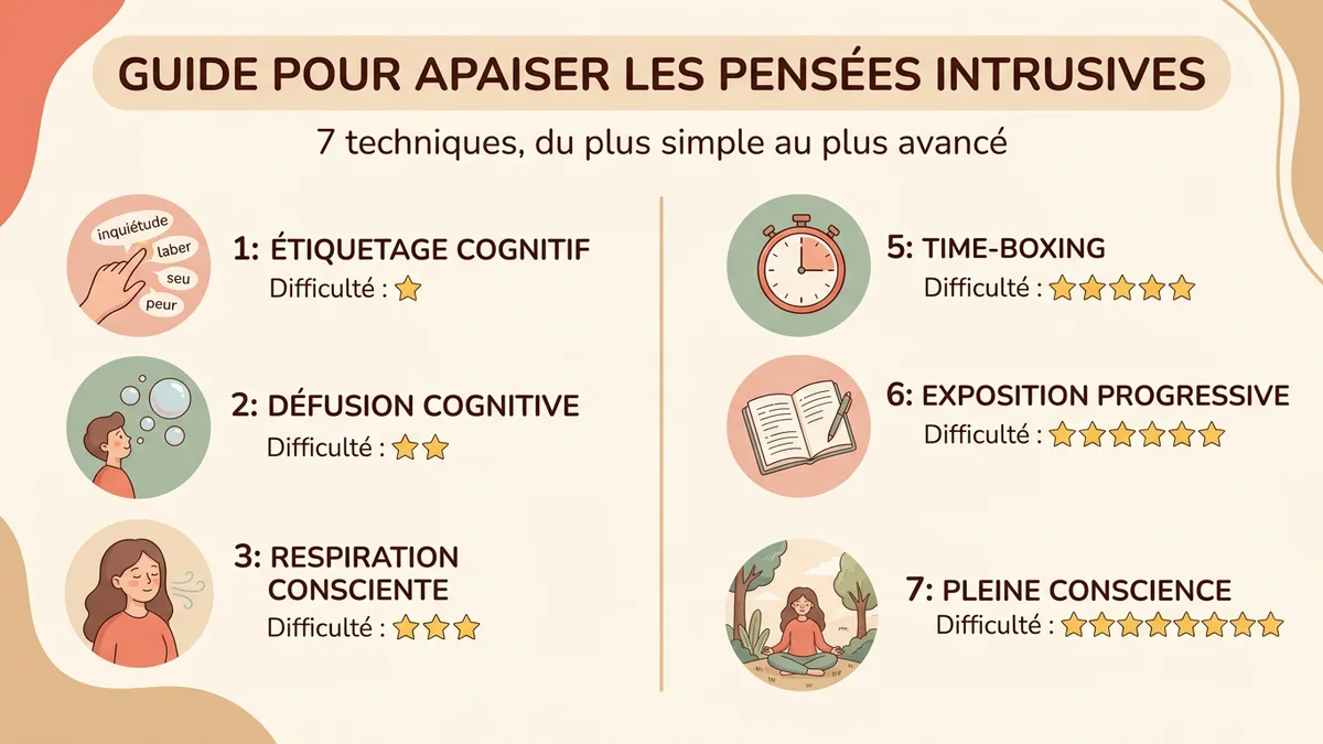 Infographie présentant les 7 techniques contre les pensées intrusives avec une icône par technique et leur niveau de difficulté, disposées en progression