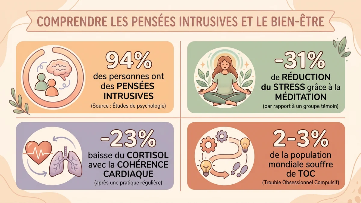 Infographie montrant les statistiques clés sur les pensées intrusives : 94 % de prévalence, 6 millions de personnes touchées aux États-Unis, réduction de 31 % avec la méditation, 23 % de réduction du cortisol par la cohérence cardiaque
