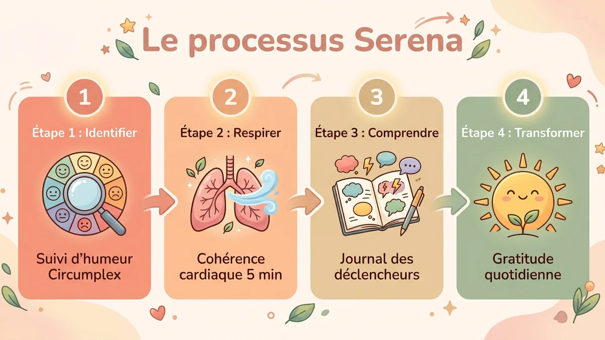 Infographie du processus Serena en 4 étapes pour stabiliser l'humeur : 1. Identifier l'émotion (Circumplex), 2. Respirer (cohérence cardiaque), 3. Comprendre (journal), 4. Transformer (gratitude)