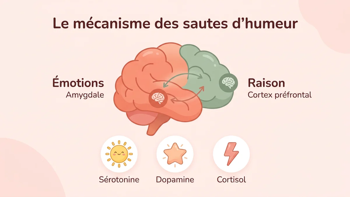 Infographie illustrant le mécanisme des sautes d'humeur : le cerveau émotionnel (amygdale) réagissant face au cortex préfrontal (raison), avec les neurotransmetteurs sérotonine, dopamine et cortisol en déséquilibre