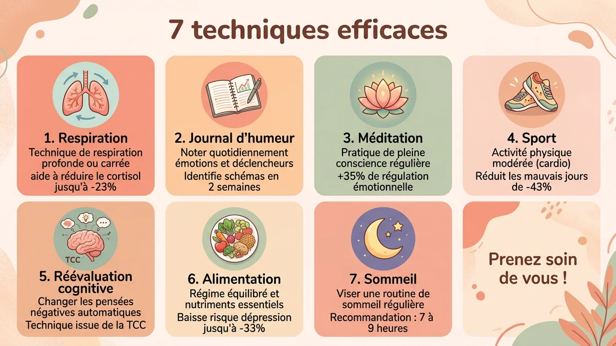 Infographie des 7 techniques pour stabiliser l'humeur avec icônes et pourcentages d'efficacité : respiration (-23% cortisol), méditation (+35% régulation), exercice (-43% mauvais jours), alimentation (-33% risque dépression)