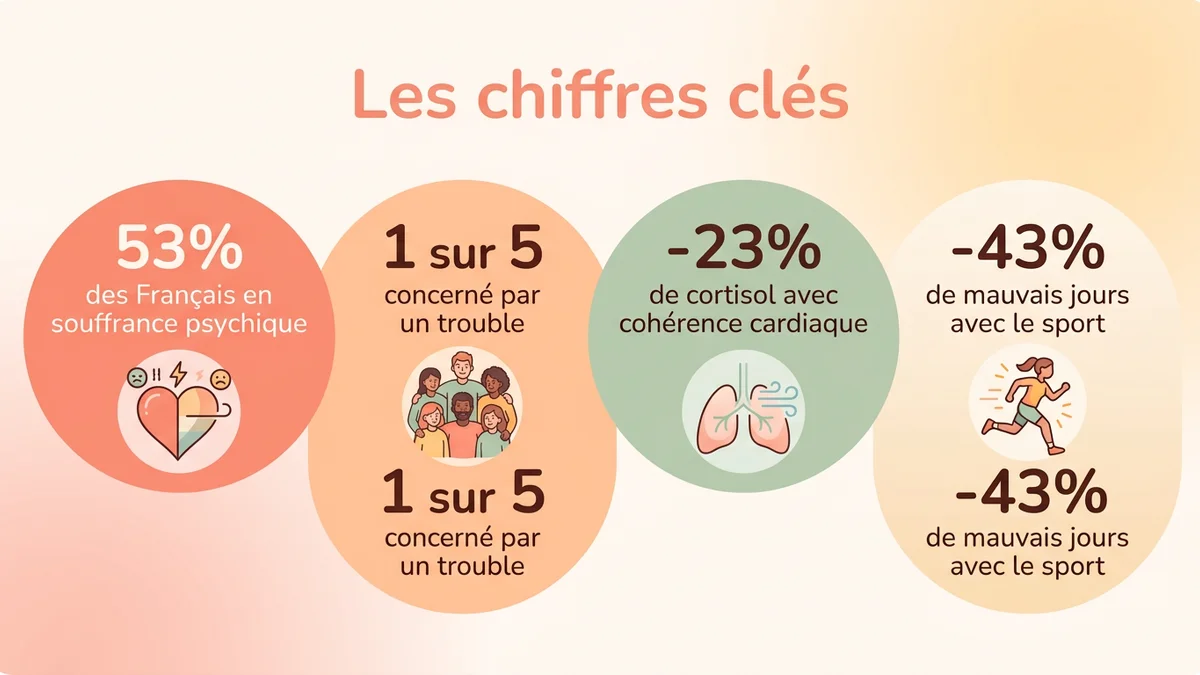 Infographie des statistiques clés sur les sautes d'humeur : 53% des Français en souffrance psychique, 1 personne sur 5 concernée par un trouble, -23% de cortisol avec la cohérence cardiaque, -43% de jours de mauvaise santé mentale avec le sport
