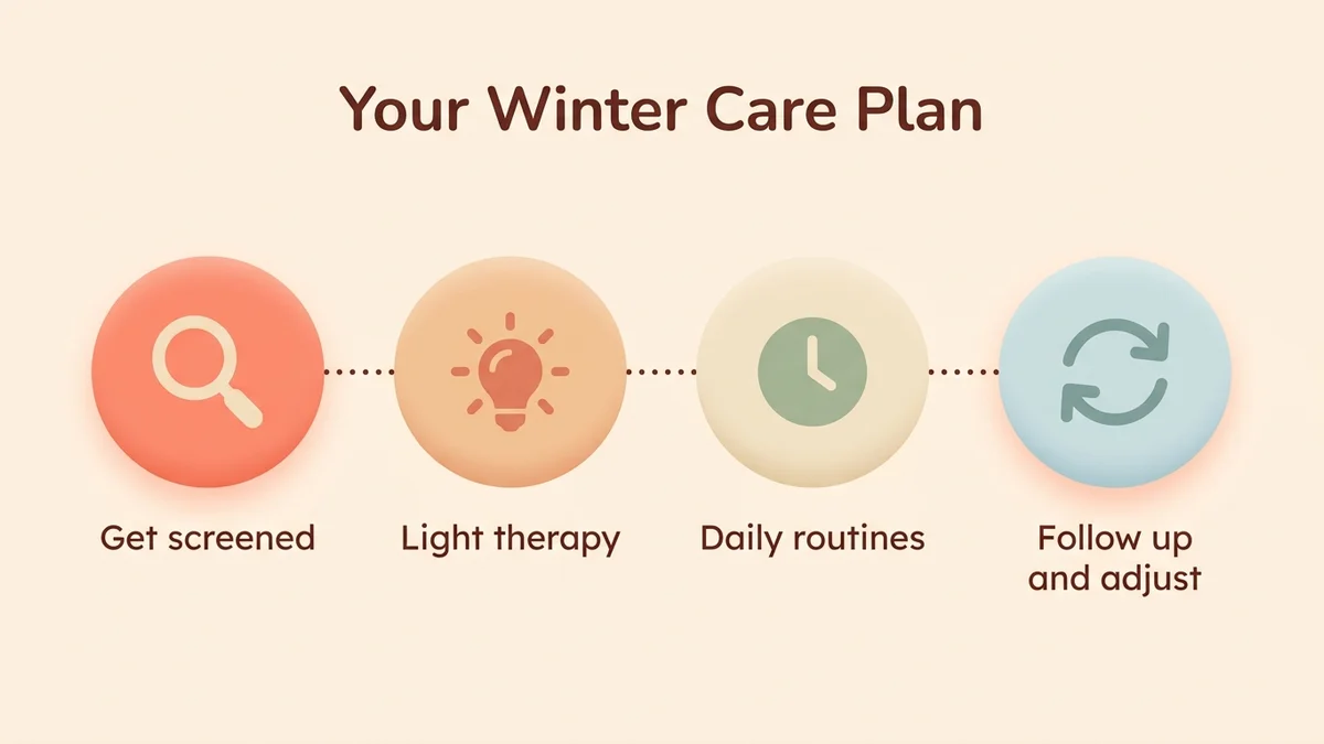 Step-by-step process diagram for managing seasonal depression: screening, light therapy, daily routines, follow-up and adjustment