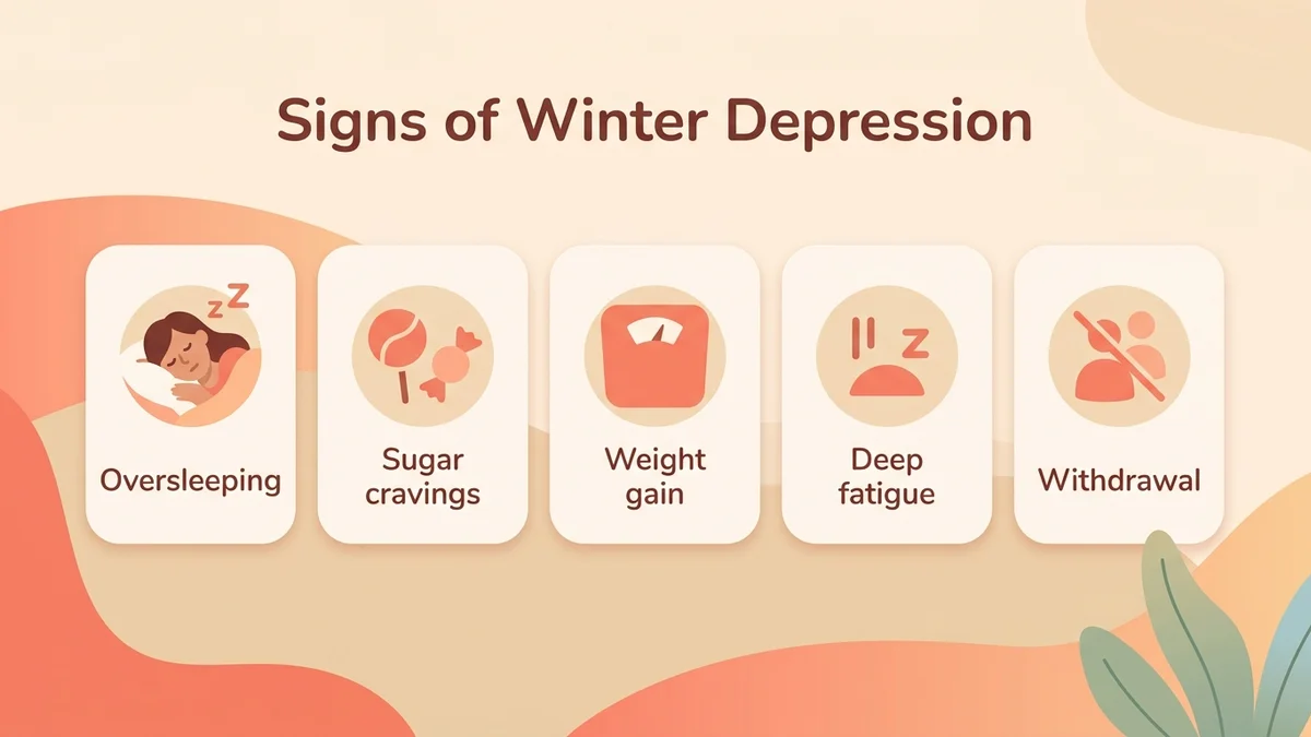 Infographic of the atypical symptoms of seasonal depression: oversleeping, sugar cravings, weight gain, intense fatigue and social withdrawal, with icons