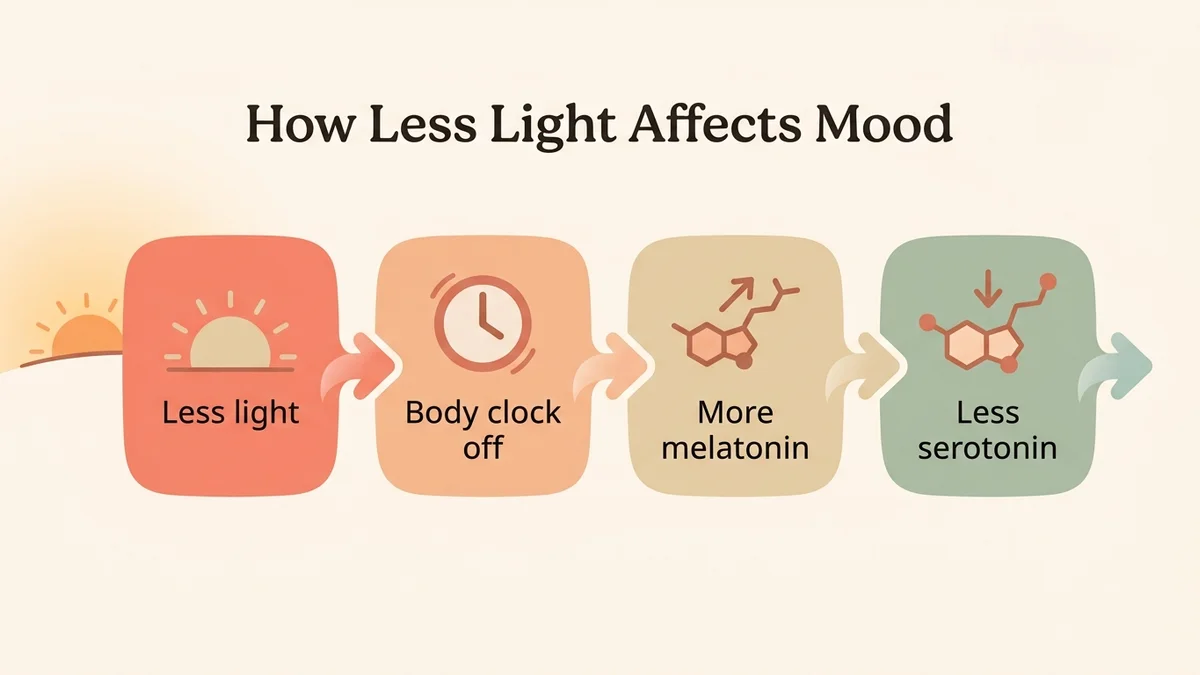 Infographic of the biological mechanism of seasonal depression: retina, body clock, serotonin and melatonin, with a diagram of the light-brain cycle
