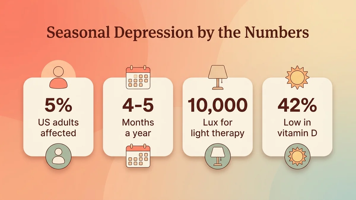 Infographic of key seasonal depression statistics: about 5% of US adults, 4 to 5 months duration, 10,000 lux light therapy, 42% of US adults low in vitamin D