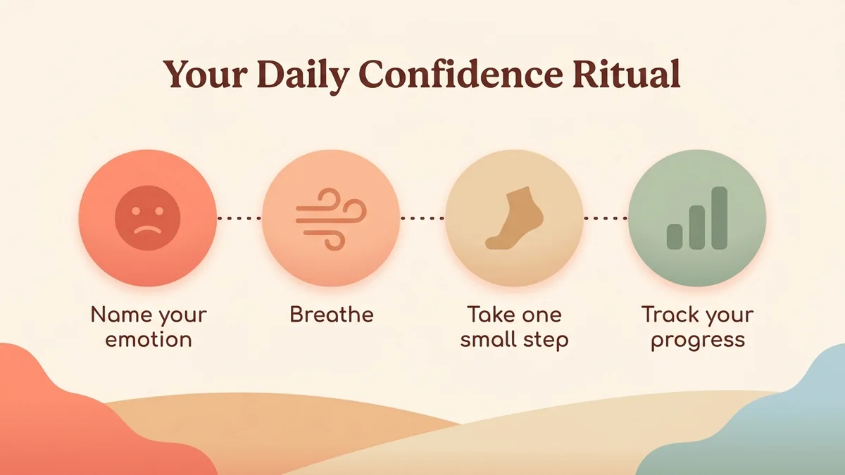 Step-by-step process diagram for building self-confidence with Serena: identifying emotions, guided breathing, tracking progress
