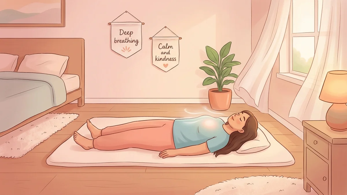 Person lying peacefully in a softly lit bedroom, eyes closed, breathing calmly before falling asleep