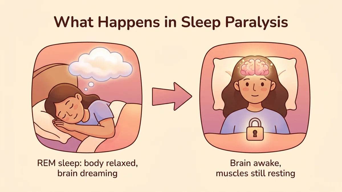 Infographic of the sleep paralysis mechanism: a visual diagram showing the transition between REM sleep and wakefulness, with the role of glycine in muscle atonia