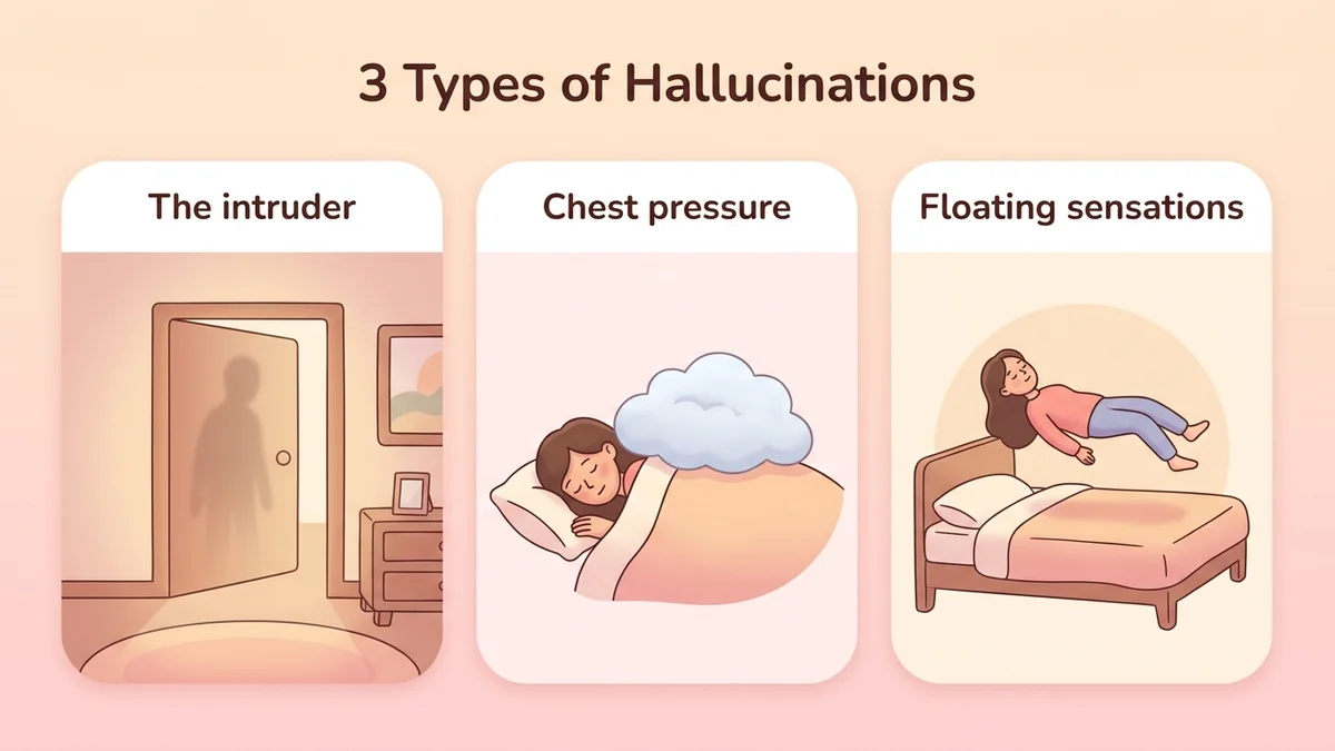 Infographic of the three types of sleep paralysis hallucinations with frequency percentages: intruder, incubus and vestibular-motor experiences, each with a distinctive icon and description