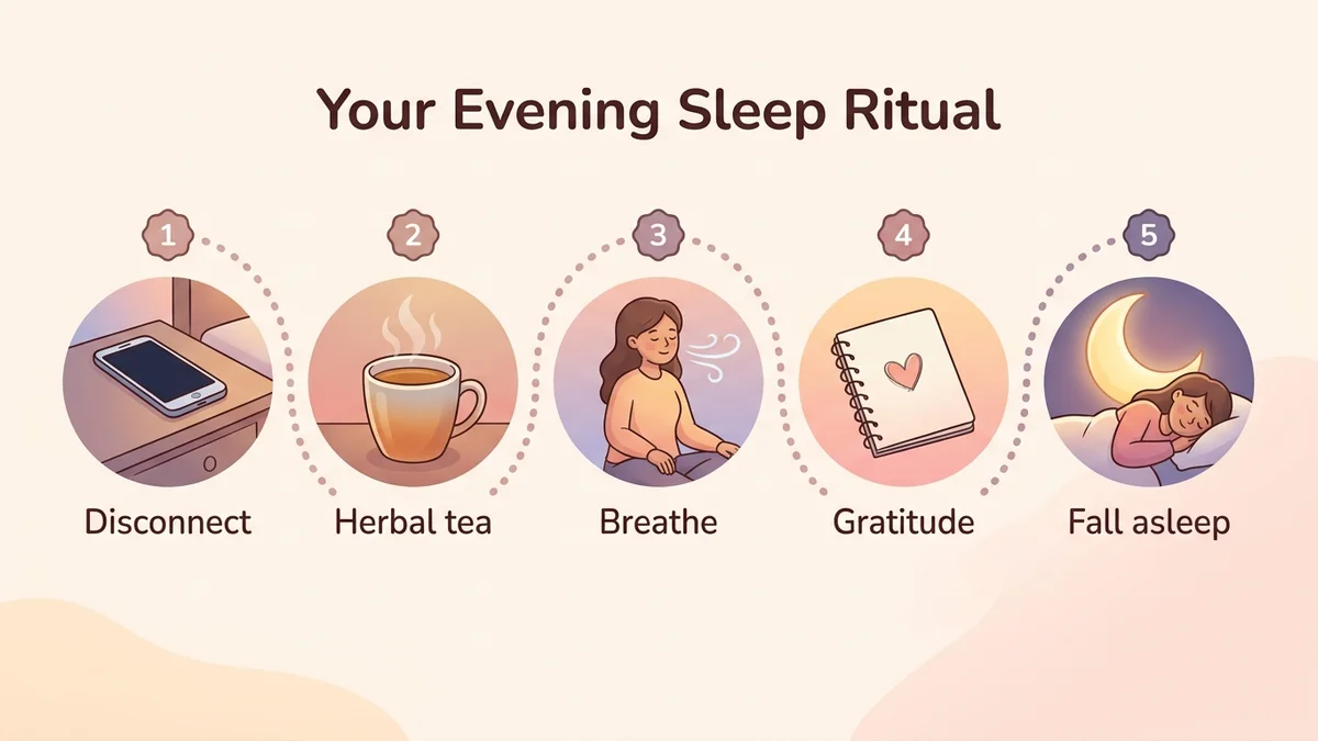 Infographic of the step-by-step process for building an effective evening ritual: disconnect, herbal tea, breathing, gratitude and falling asleep