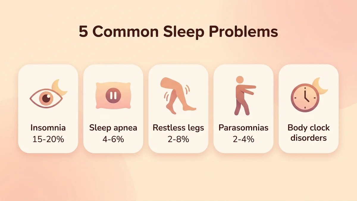 Infographic of the five types of sleep problems with their prevalence percentages, representative icons and key symptoms for each category