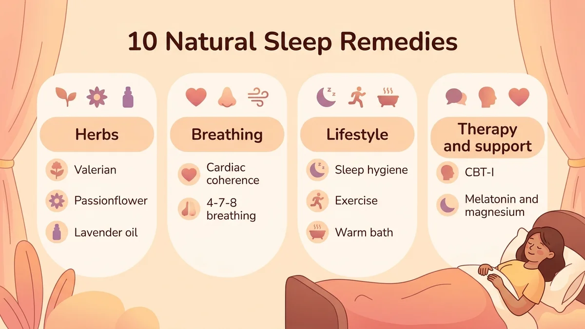 Infographic presenting the 10 natural remedies to sleep better, organized into four categories: herbs, breathing, lifestyle and therapy, with icons and pastel color coding