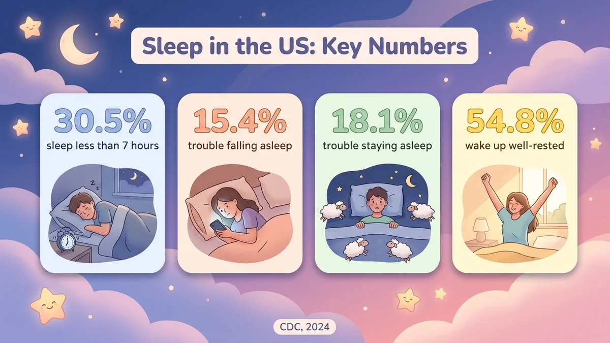 Infographic of key US sleep statistics: 30.5% of adults sleep less than 7 hours, 15.4% have trouble falling asleep, 18.1% have trouble staying asleep, only 54.8% wake up well-rested