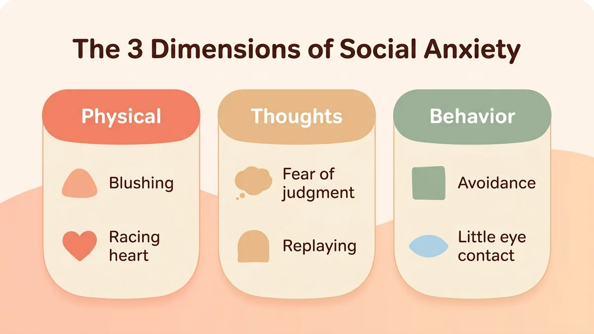 Infographic of the three dimensions of social anxiety: physical, cognitive and behavioral symptoms with visual icons and concrete examples for each category
