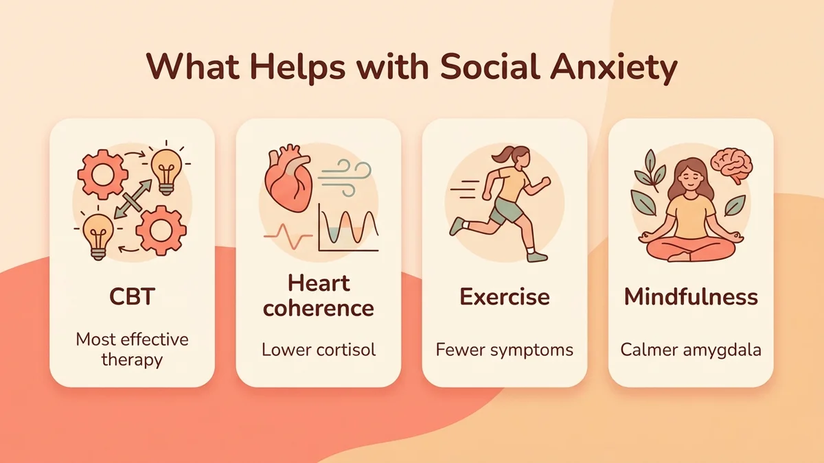 Infographic of the proven benefits of techniques against social anxiety: CBT as the most effective therapy, cardiac coherence lowering cortisol, physical activity reducing symptoms, mindfulness calming the amygdala