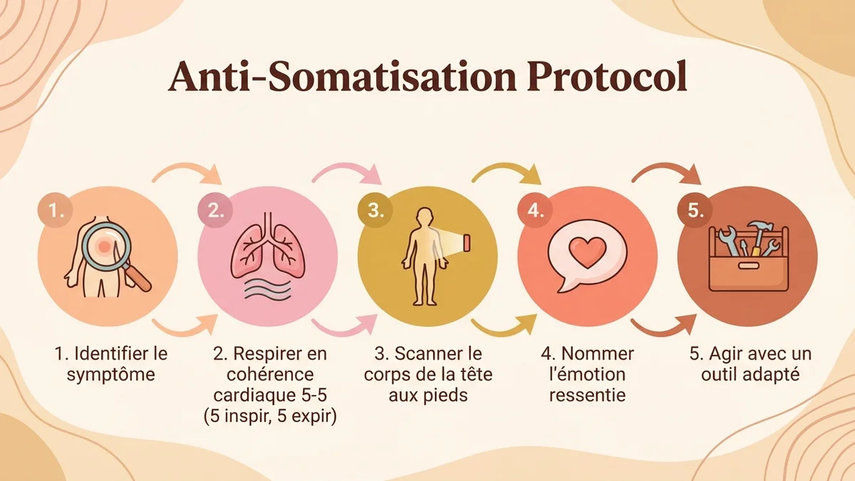 Infographie étape par étape du protocole anti-somatisation : 1. Identifier le symptôme, 2. Respirer en cohérence cardiaque, 3. Scanner le corps, 4. Nommer l'émotion, 5. Agir