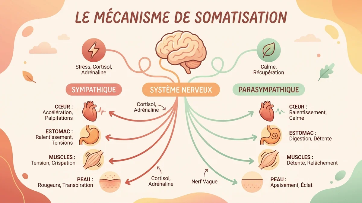 Infographie du mécanisme de somatisation : le lien entre système nerveux autonome, cortisol et symptômes physiques de l'anxiété
