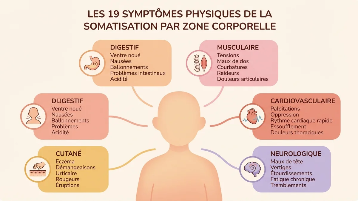 Infographie des 19 symptômes physiques de la somatisation de l'anxiété classés par zone corporelle avec icônes et pourcentages