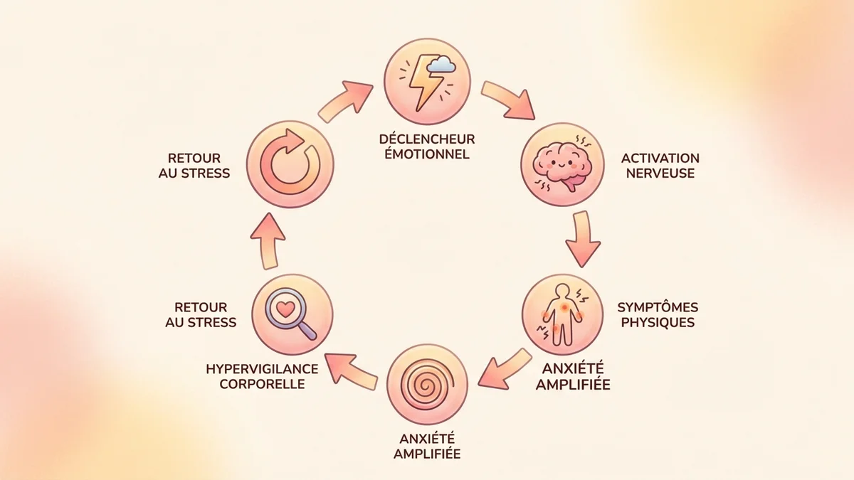 Infographie du cercle vicieux de la somatisation : six étapes reliées en boucle montrant le mécanisme anxiété-corps-hypervigilance