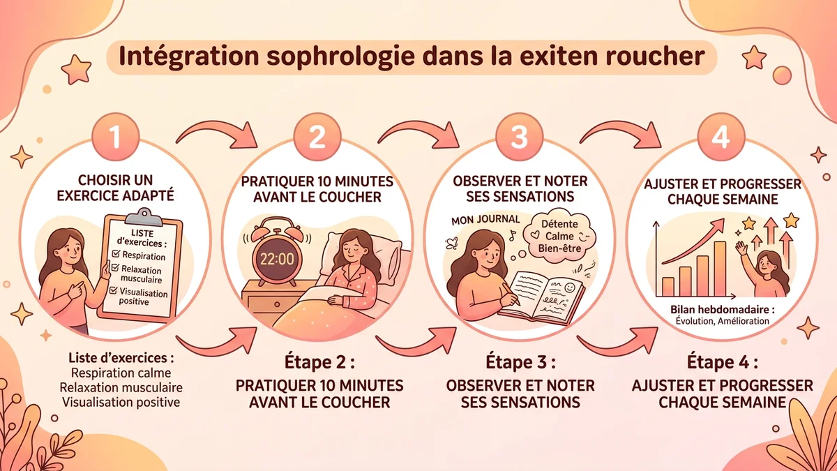 Infographie du processus étape par étape pour intégrer la sophrologie dans sa routine du soir : étape 1 choisir un exercice, étape 2 pratiquer 10 minutes, étape 3 suivre ses progrès, avec flèches et icônes visuelles