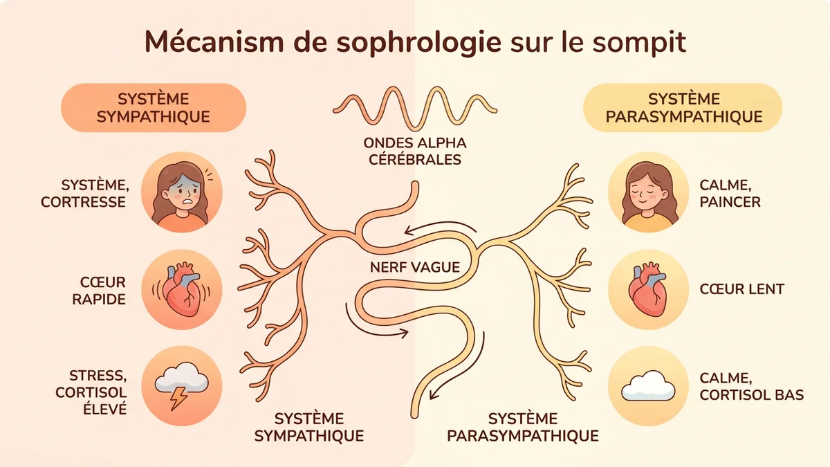 Infographie du mécanisme de la sophrologie sur le sommeil : schéma visuel montrant le système nerveux parasympathique activé par la respiration, la baisse du cortisol et la production d'ondes alpha cérébrales