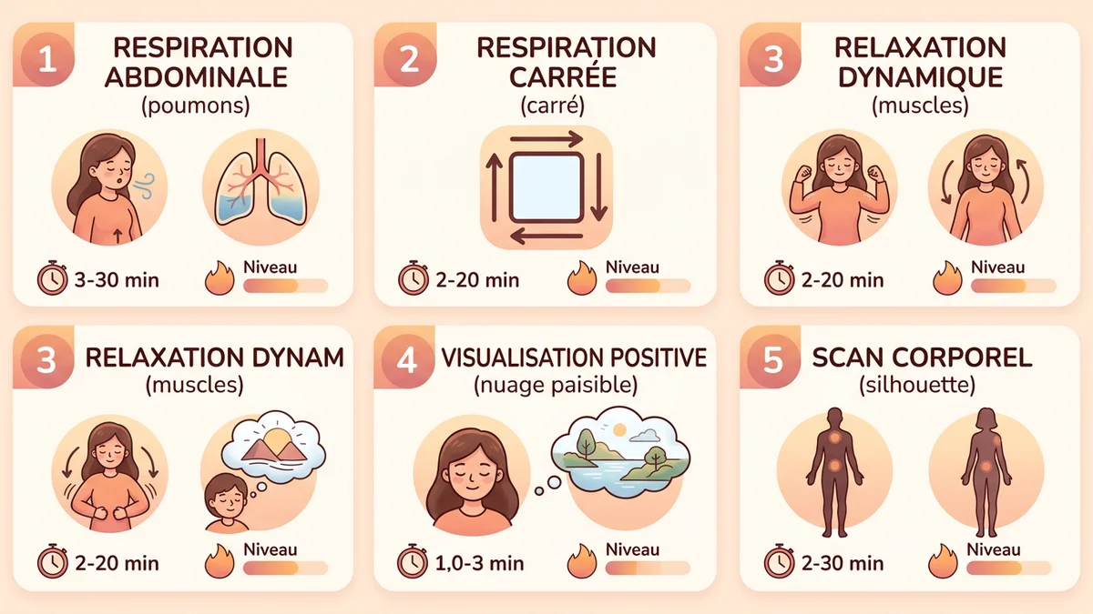 Infographie des 5 exercices de sophrologie pour dormir : respiration abdominale, respiration carrée, relaxation dynamique, visualisation positive et scan corporel, avec durée et niveau de difficulté pour chaque exercice