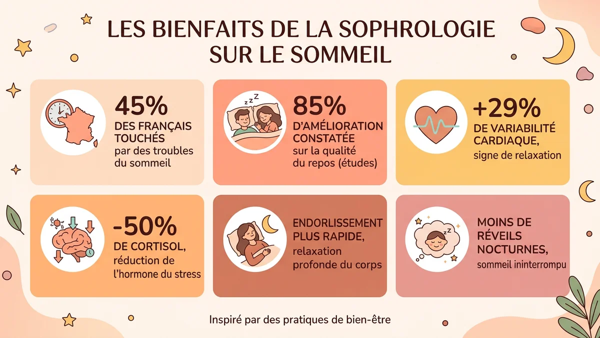 Infographie des bienfaits prouvés de la sophrologie sur le sommeil avec statistiques : 45 % des Français touchés par un trouble du sommeil, 29 % d'amélioration de la HRV, baisse du cortisol, et pourcentages d'amélioration par catégorie
