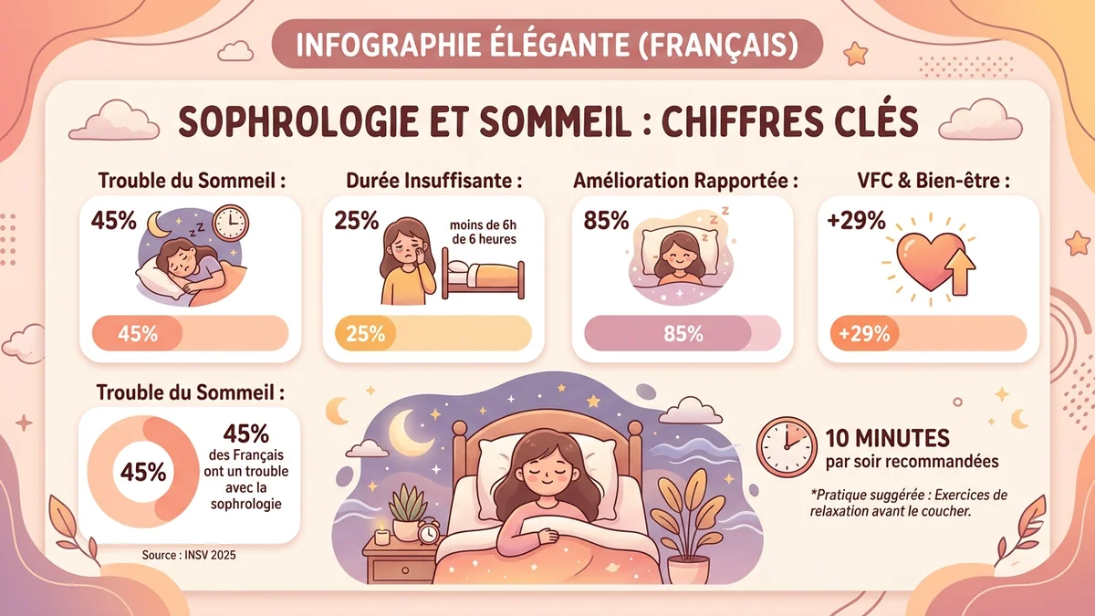 Infographie des statistiques clés sur la sophrologie et le sommeil : 45 % des Français touchés par un trouble du sommeil (INSV 2025), 85 % d'amélioration rapportée, 29 % d'augmentation de la HRV, et 10 minutes par soir recommandées